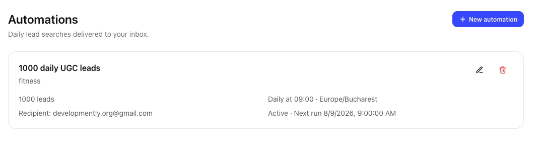 Active UGC Agent automation delivering 1,000 creator leads every day