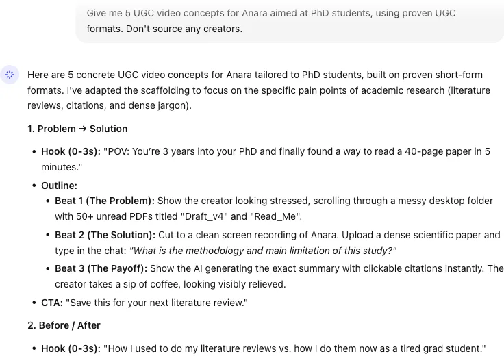 UGC Agent producing campaign-specific UGC video concepts and opening hooks